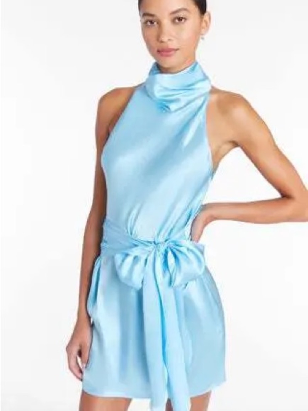 Amanda Uprichard Sandrine Pacific Blue Satin Halter Tie-Waist Dress